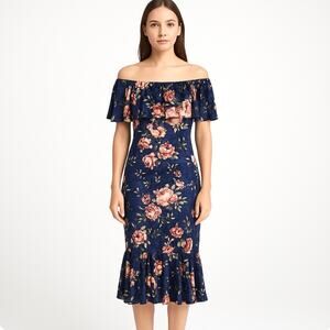 NWT LuLaRoe Cici Crushed Velvet Midi Dress Sz M Navy Floral Off Shoulder Ruffle